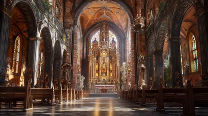 Grand church interior, sunlight streams in