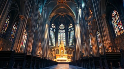Fototapeta premium Grand cathedral interior, sunlight streams
