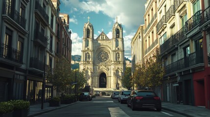 Fototapeta premium City street with grand cathedral