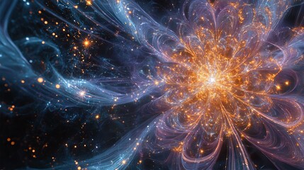 Fototapeta premium Spectacular starburst firework explosion radiating from central point, featuring gradient trails from electric blue to vibrant purple that fade into glowing white tips. Multiple layers of particle