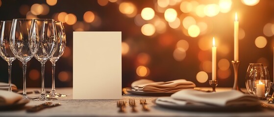 Elegant dinner table with candles and glasses.