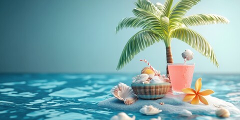 Obraz premium Tranquil Tropical Island Paradise: Seashells, Palm Tree, Pink Drink, and Serene Ocean
