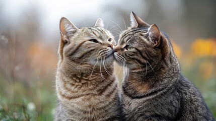 Two tabby cats nuzzling affectionately outdoors.