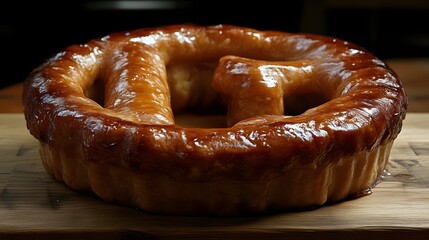 Glazed pastry ring on wooden board.