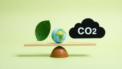 Green leaf globe and carbon dioxide balanced on a scale