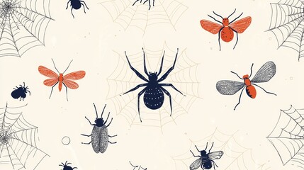 Modern minimalist interpretation of spider web motifs featuring clean, geometric lines contrasting with playful doodle-style insects. The composition includes abstract web fragments that can be
