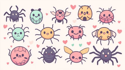 Fototapeta premium Cute and kawaii-style spider web set with rounded, friendly elements. The webs incorporate heart shapes and spiral patterns, while the spiders are designed with chibi-style proportions and expressive