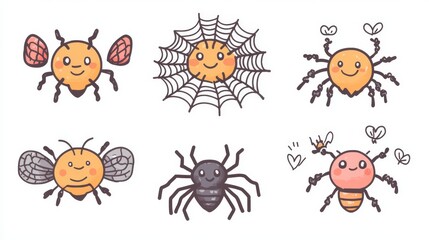 Obraz premium Cute and kawaii-style spider web set with rounded, friendly elements. The webs incorporate heart shapes and spiral patterns, while the spiders are designed with chibi-style proportions and expressive