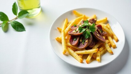 Savory Sliced Meat with Crispy French Fries and Herb Garnish on a White Plate