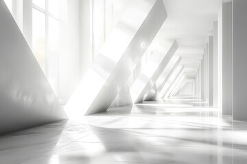 Obraz premium 3D rendering of an abstract white interior with triangular light from the top-left corner. Minimalist design with ample copy space and no objects.