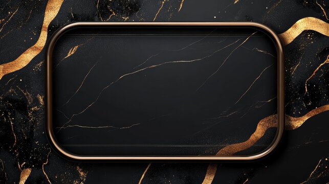 Luxurious black marble texture with golden veins, minimalist rounded rectangle frame border, elegant dark stone background, sophisticated gold accents, premium design template, high-end material
