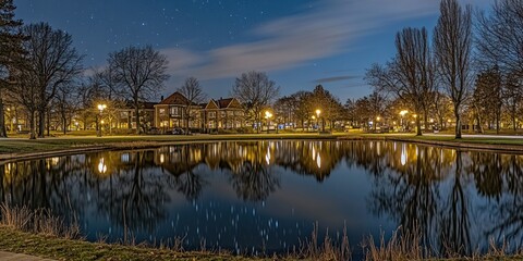 Fototapeta premium Night cityscape, houses reflected in calm water, starry sky