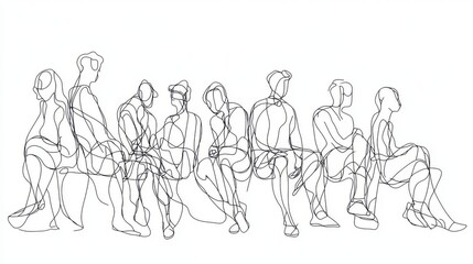 Continuous single-line illustration showing overlapping profiles and body shapes of people sitting, standing, and leaning, creating rhythmic negative spaces between figures