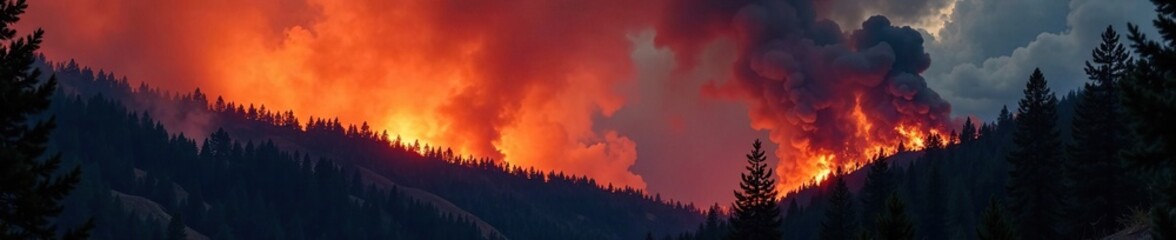 Fototapeta premium Warm orange flames dance across darkening sky as wildfire rages in woods, landscape, fire, wildfire