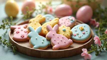 Rustic tray of Easter cookies shaped like bunnies, eggs, and flowers, decorated with pastel icing. A charming and festive design for recipe cards, product photography, or holiday promotions.