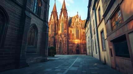 Cathedral view down a cobblestone street