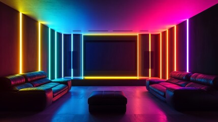 Futuristic home theater setup with architectural LED light bars framing the space in perfect symmetry, programmed to display a synchronized rainbow pattern, captured with long exposure to show the