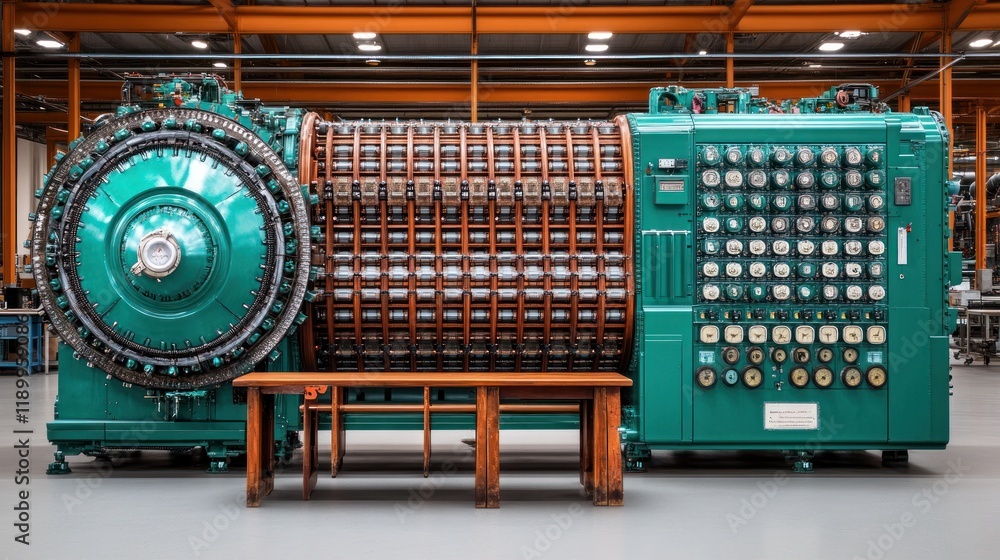 Poster industrial machinery in a factory setting with control panel and cylindrical component