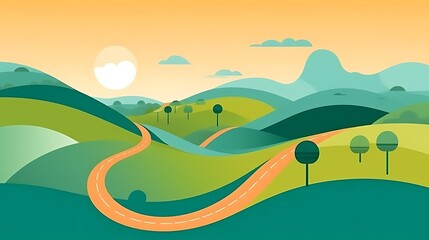 Obraz premium Winding Road Through Rolling Green Hills Under a Sunny Sky