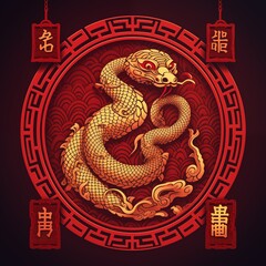 Fototapeta premium Golden Snake in Red Background, Traditional Chinese Art, Illustration for Lunar New Year Print, Background, Illustration