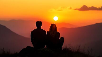 Happy couple enjoying a sunset in the mountains