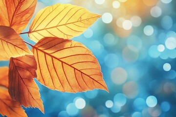 Autumn Leaves: Golden Hues Against a Blue Bokeh Background, Nature's Tranquil Beauty in Fall Season