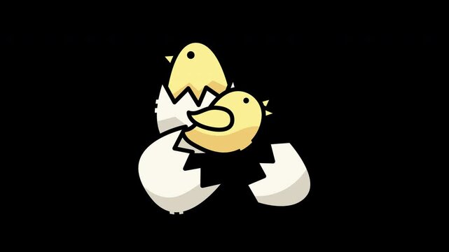 Two cartoon chicks hatching from eggs against a simple black background.