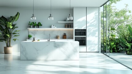 Modern minimalist kitchen with marble island, sunlight, and lush garden view.
