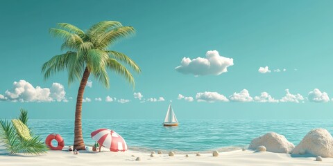 Obraz premium Tropical Paradise: Idyllic Beach Scene with Palm Tree, Sailboat, and Relaxing Atmosphere
