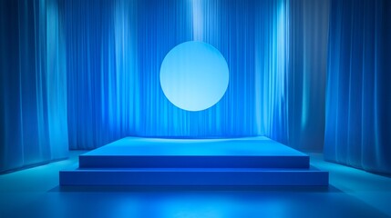 Geometric blue platform with glossy finish, suspended glass disc backdrop with blue underlighting, professional studio lighting emphasizing dimensional layers