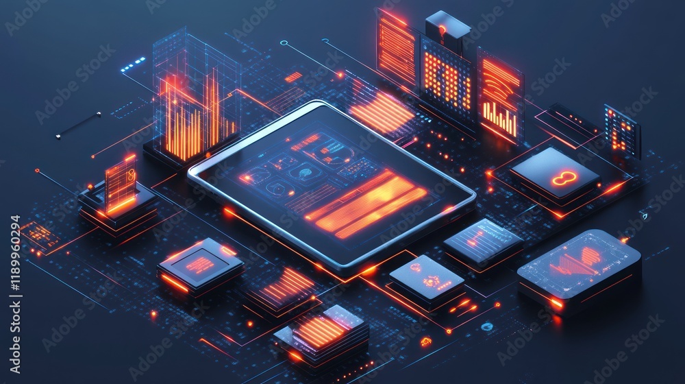 Poster futuristic tablet displaying data analytics and network connections.