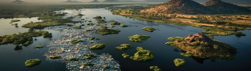 Naklejka premium Aerial View of a Riverine Village Amidst Lush Landscape and Mountains - Ideal for Geographic and Environmental Studies
