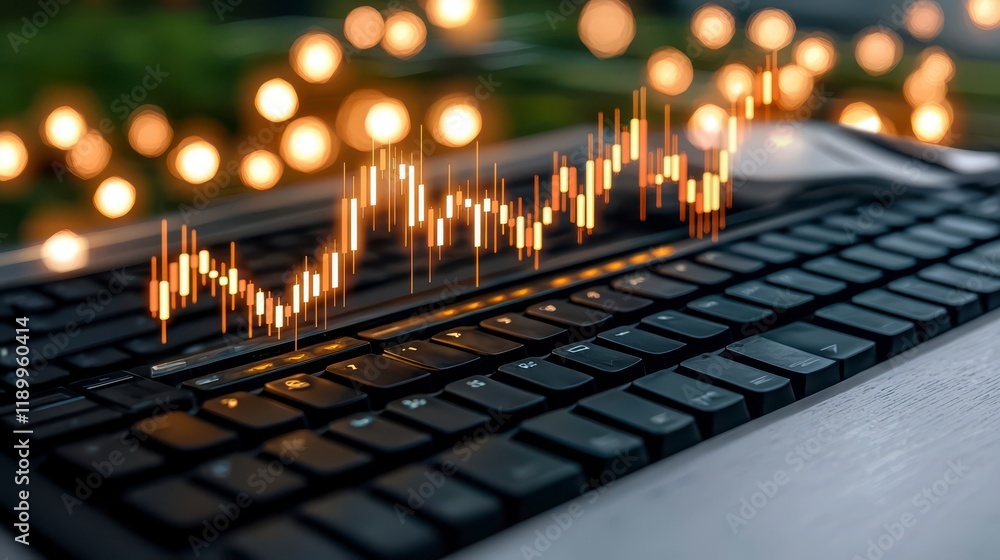 Poster a close-up of a keyboard with an overlay of a financial graph, symbolizing online trading and digita