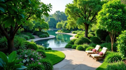 Serene landscape design featuring a gently curving pool, lush greenery, meticulously manicured shrubs, and inviting lounge chairs positioned on a sun-drenched stone pathway.