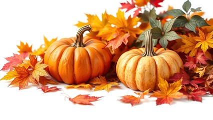 Autumn Pumpkins in Colorful Leaf Nest