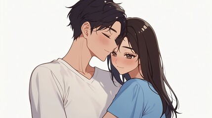 A cute couple in anime style, with the boy wearing a red hooded cap and the girl in a jacket, both smiling at each other.