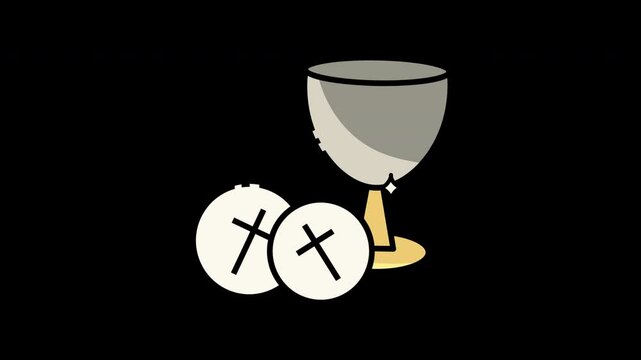 Illustration of a chalice and communion wafers with religious symbols.