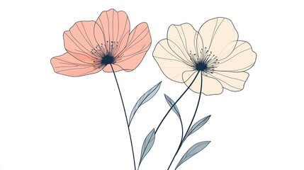 Pastel poppies, line art, white background, simple design, wedding invitation