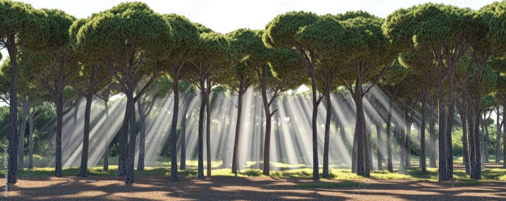 Poster sunlight streaming through tall pine trees in a serene forest setting for relaxation themes