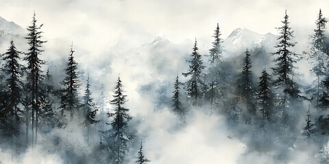 Misty mountain forest, serene landscape, peaceful nature scene, wallpaper
