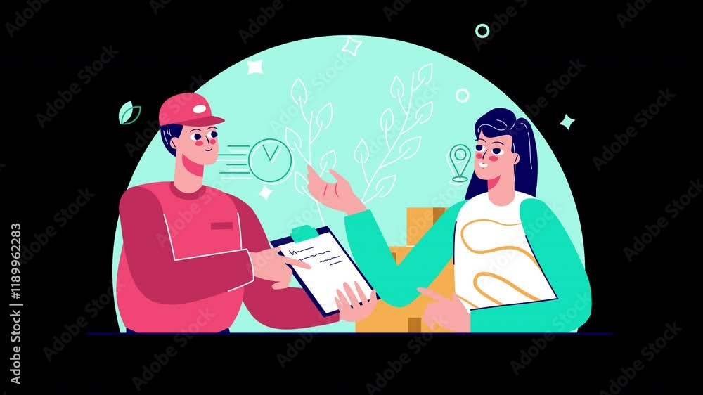 Poster a friendly interaction between a delivery person and a customer in a colorful 2d animation style.