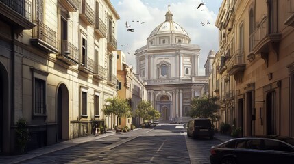 Fototapeta premium Historic European street scene with dome