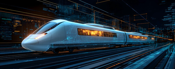 Fototapeta premium Futuristic high-speed train data city travel