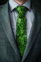 A businessman's suit, featuring a vibrant green leaf tie, embodies eco-conscious professionalism.Sustainable materials & modern office style blend seamlessly, promoting responsible business practices.
