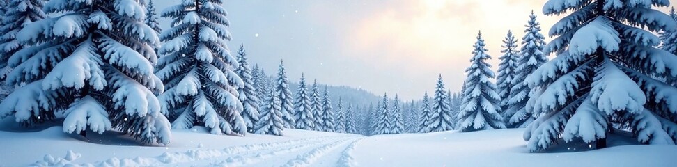 Naklejka premium Winter landscape with snow-covered pine trees, snow fall, winter forest