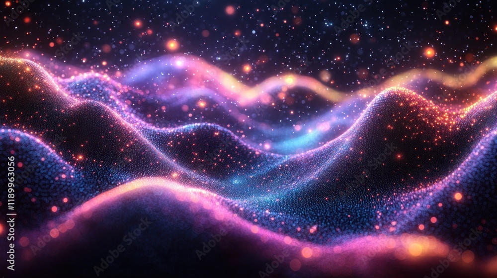 Poster abstract glowing particle wave background.