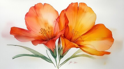 Two vibrant orange flowers with green leaves, painted in watercolor style.