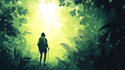 Woman hiker in lush green jungle, sunlight.