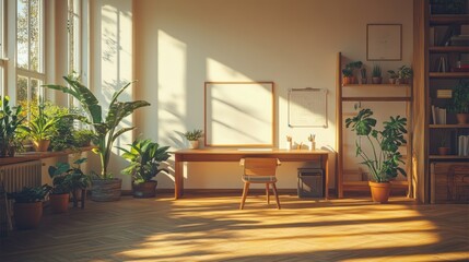 Fototapeta premium Sunlit home office with plants, desk, and wooden floors.