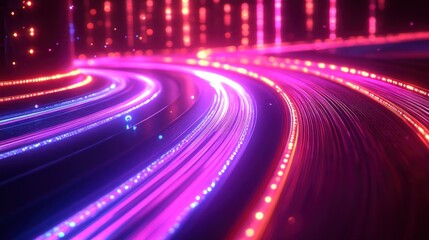 Abstract glowing pink and purple light trails curve.